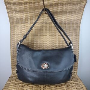 Coach Black Pebbled Leather Legacy Flap Shoulder Bag Silver Hardware